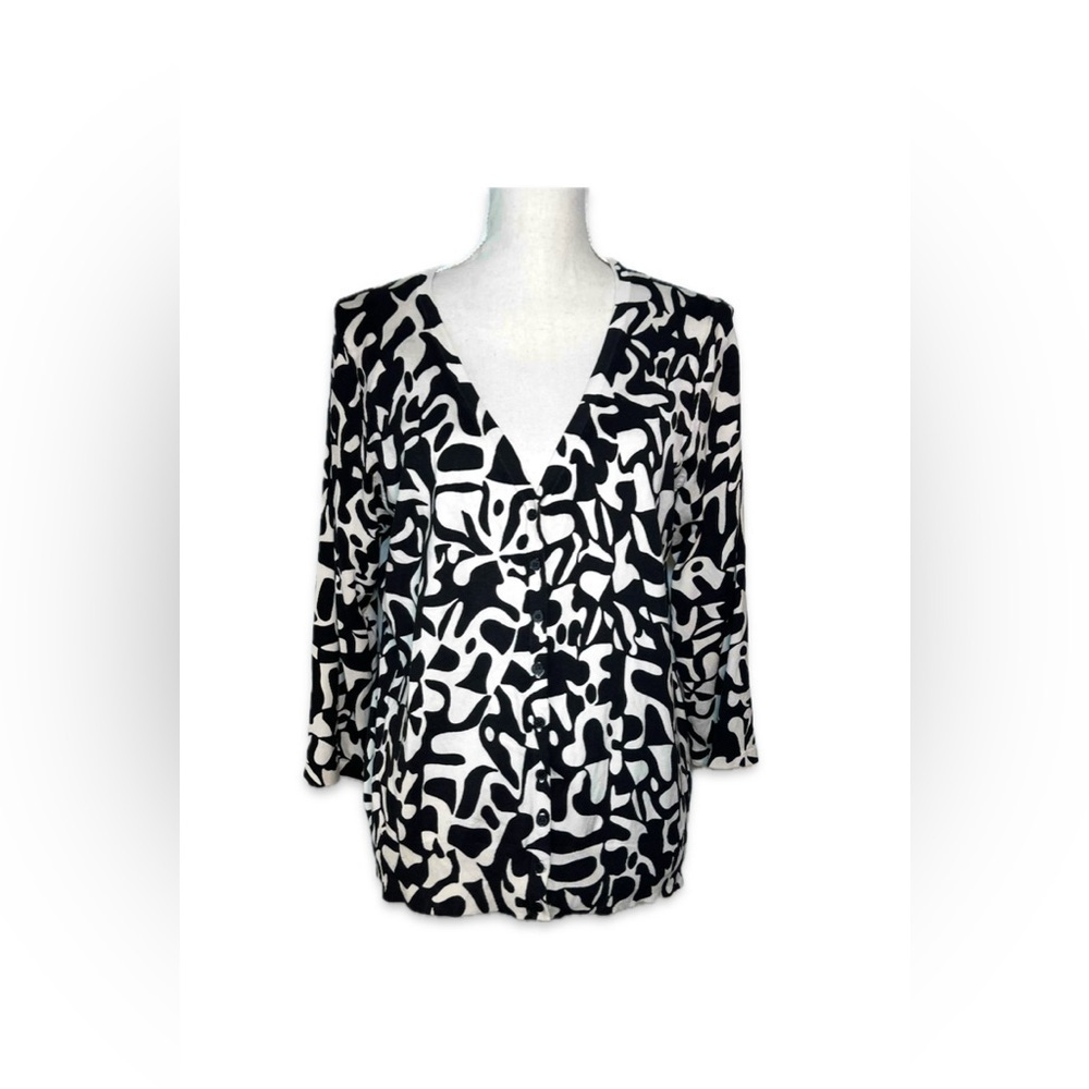 Josephine Chaus Silk Blend Cardigan Sweater Size L Beige/Black